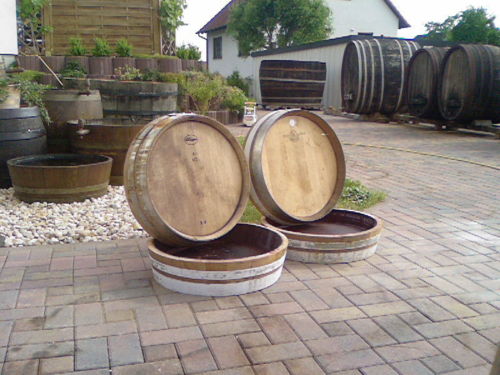 20L: D.oben 60cm, D.unten 58cm, H.14cm. Weinfassabschnitt Eiche gebraucht