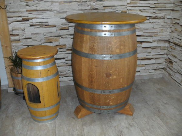 225L Fasstisch-Rustica & 4 Fass-Barhocker-HAVANA T-Platte D.80 H110cm