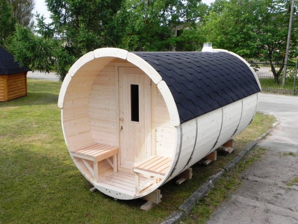 SFF22401 Ø 2,2 m, L 4,0 m, Saunafass, Fichte mit und ohne Terrasse für 6 - 8 Personen fertig montiert!