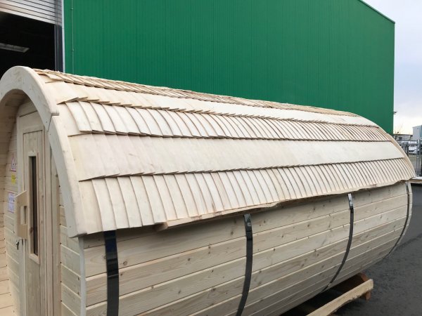 SFF22401 Ø 2,2 m, L 4,0 m, Saunafass, Fichte mit und ohne Terrasse für 6 - 8 Personen fertig montiert!