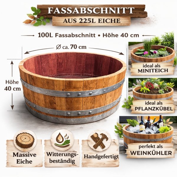 100 Liter rustikaler Pflanzkübel / Miniteich / Mini-Tisch mit Weincharakter aus gebrauchtem Barrique-Eichenfass - Halbfass mit D.69cm,H.40cm Fasshälfte