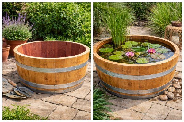 100 Liter rustikaler Pflanzkübel / Miniteich / Mini-Tisch mit Weincharakter aus gebrauchtem Barrique-Eichenfass - Halbfass mit D.69cm,H.40cm Fasshälfte