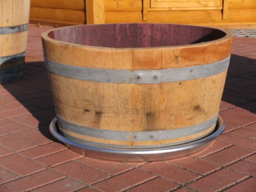 100 Liter rustikaler Pflanzkübel / Miniteich / Mini-Tisch mit Weincharakter aus gebrauchtem Barrique-Eichenfass - Halbfass mit D.69cm,H.40cm Fasshälfte