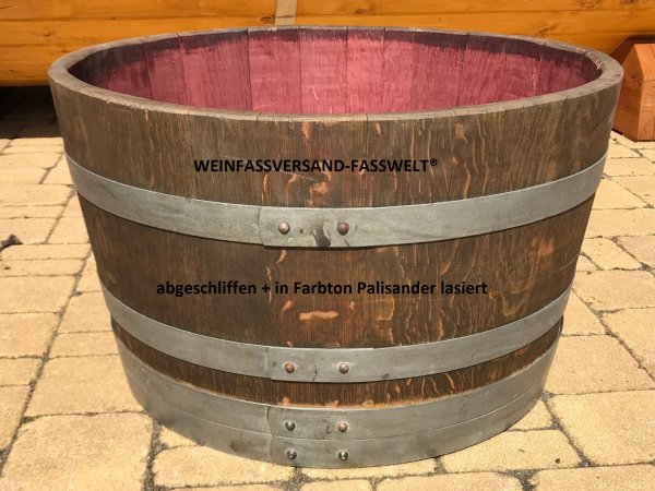 100 Liter rustikaler Pflanzkübel / Miniteich / Mini-Tisch mit Weincharakter aus gebrauchtem Barrique-Eichenfass - Halbfass mit D.69cm,H.40cm Fasshälfte