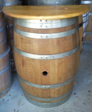 Halbfasstisch mit 80cm halbrunder Tischplatte Weinfass Eichenfass Fasstisch Bistrotisch Wandtisch Tisch