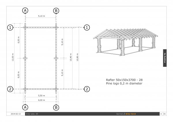 RBP12x6m Rundbohlen Pavillon Höhe 2,7-3m Gartenpavillon Garage Carport aus 20cm Baumstämmen