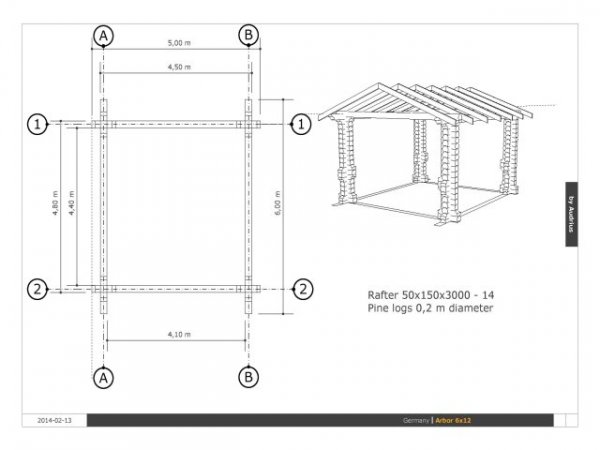 RBP65 Rundbohlen Pavillon RBP6x5m, H.2,7-3m mit Satteldach / Flachdach Gartenpavillon Carport Garage aus 20cm Baumstämmen Massivholz