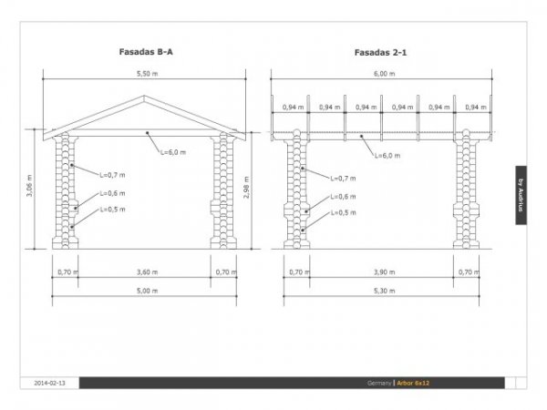 RBP65 Rundbohlen Pavillon RBP6x5m, H.2,7-3m mit Satteldach / Flachdach Gartenpavillon Carport Garage aus 20cm Baumstämmen Massivholz