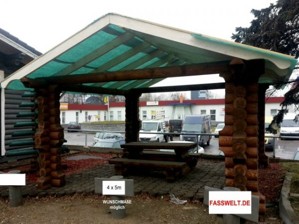 RBP65 Rundbohlen Pavillon RBP6x5m, H.2,7-3m mit Satteldach / Flachdach Gartenpavillon Carport Garage aus 20cm Baumstämmen Massivholz