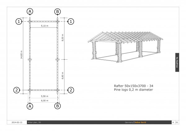 RBP14,6x6m Höhe 2,7-3m Rundbohlen Pavillon Gartenpavillon Carport Garage aus Massivholz 20cm Baumstämmen
