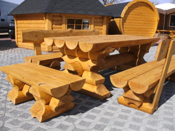1m Sitzgarnitur 1M-RBSG-RL-B aus 20cm Rundbohlen massiv 2 x Bänke mit Rückenlehne + 1 Tisch alle Teile mit je 1m Länge