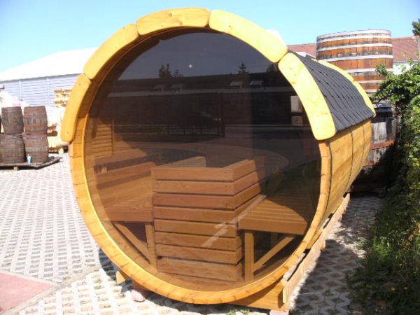 SFF19352 Ø 1,9 m, L 3,5 m, Saunafass aus Fichte mit Panorama - Glaswand, 1m Vorraum ohne Terrasse für 6 Personen