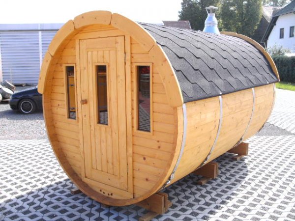 SFF19352 Ø 1,9 m, L 3,5 m, Saunafass aus Fichte mit Panorama - Glaswand, 1m Vorraum ohne Terrasse für 6 Personen