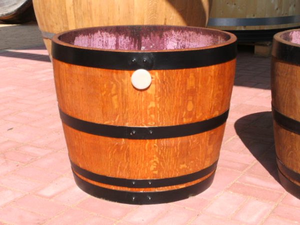 115 Liter Regentonne wahlwise mit schwarzen Ringen aus gebrauchtem Barrique-Eichenfass inkl. Extraring oben Miniteich Pflanzkübel