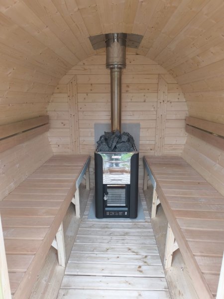 SFF19301 Ø 1,9 m, L 3,0 m, Saunafass, als Bausatz / fertig zusammengebaut aus Fichte mit oder ohne 0,6mTerrasse für 6 Personen