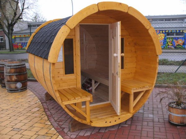 SFF19301 Ø 1,9 m, L 3,0 m, Saunafass, als Bausatz / fertig zusammengebaut aus Fichte mit oder ohne 0,6mTerrasse für 6 Personen