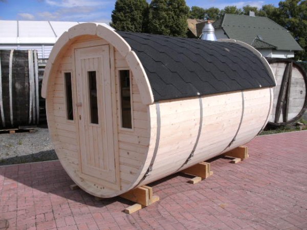 SFF19301 Ø 1,9 m, L 3,0 m, Saunafass, als Bausatz / fertig zusammengebaut aus Fichte mit oder ohne 0,6mTerrasse für 6 Personen