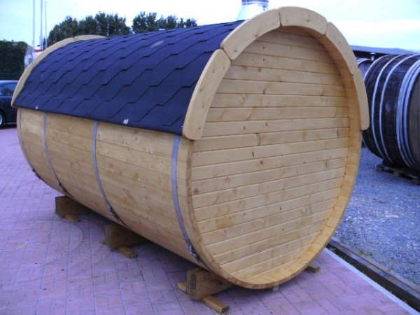 SFF19301 Ø 1,9 m, L 3,0 m, Saunafass, als Bausatz / fertig zusammengebaut aus Fichte mit oder ohne 0,6mTerrasse für 6 Personen