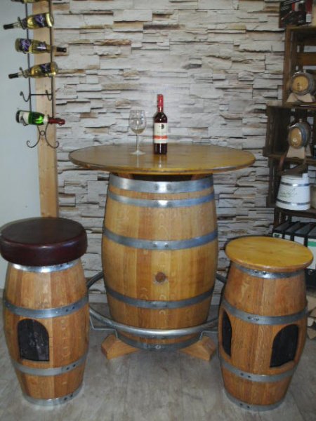 225L Fasstisch-SILVANA mit 4 Fass-Barhocker-HAVANA T-Platte D.100cm H110cm