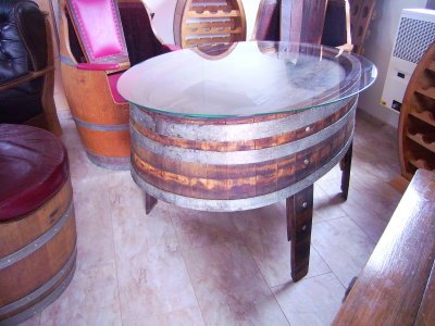 Fasstisch TOSCANA-1200 aus gebrauchtem ovalen 1200L Eichenfass 150x100cm, Höhe 72cm