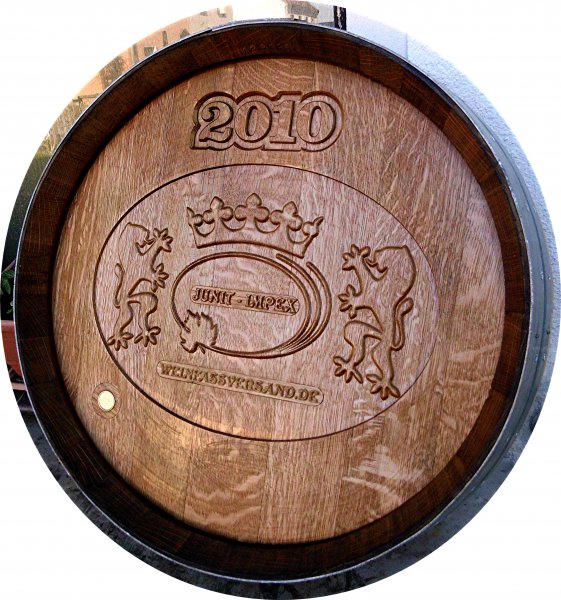 Fassfront mit geschnitzter Gravur 225LB D.60cm und 14cm Tiefe aus gebrauchtem Burgunder Eichenfass Weinfass Holzfass