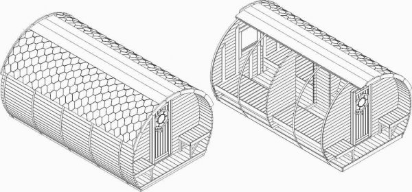SCHLAFFASS ICE-VIKING Ø 2,95x2,51 m, L 4,8 m, Garten / Camping Maxi-Schlaffass, Fichte mit Terrasse für 2+2 Personen