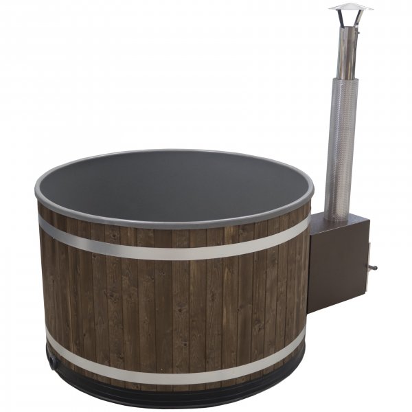 Kirami Original Breezy M Badefass mit D.170cm mit Kunststoffeinsatz und mit 22KW Cult Außenofen für 4-6 Personen