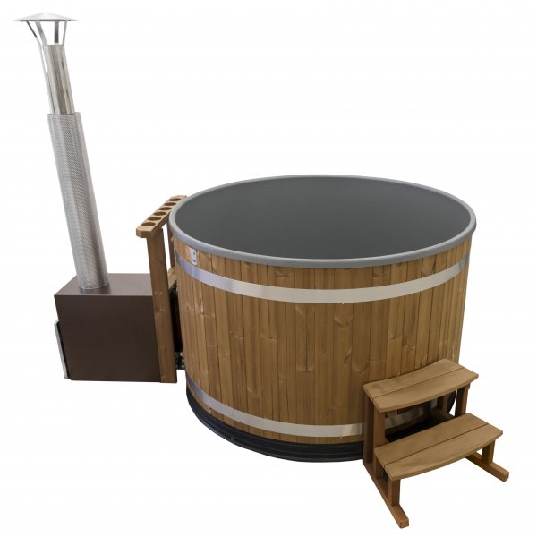 Kirami Original Breezy M Badefass mit D.170cm mit Kunststoffeinsatz und mit 22KW Cult Außenofen für 4-6 Personen