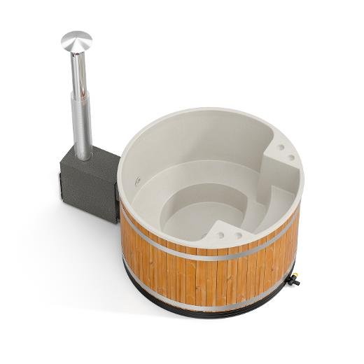 Comfort Family M neues rundes Badefass mit Kunststoffeinsatz und mit Außenofen für 4-6 Personen