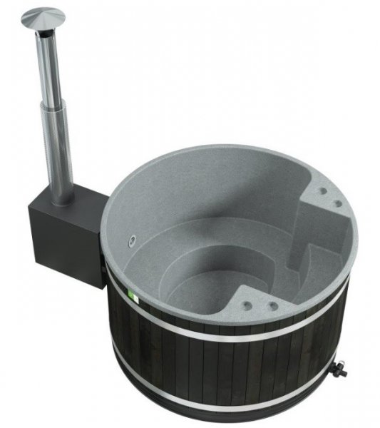 Comfort Family M neues rundes Badefass mit Kunststoffeinsatz und mit Außenofen für 4-6 Personen