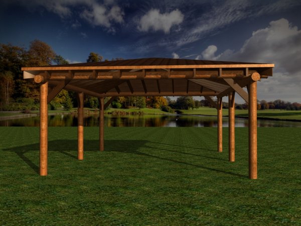 CPRB65 PKW Doppel - Carport aus Rundbohlen Pavillon 6x5m Innenmaß, H.2,3m mit Walmdach Gartenpavillon Carport Garage aus 20cm Baumstämmen Massivholz