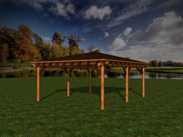 CPRB65 PKW Doppel - Carport aus Rundbohlen Pavillon 6x5m Innenmaß, H.2,3m mit Walmdach Gartenpavillon Carport Garage aus 20cm Baumstämmen Massivholz