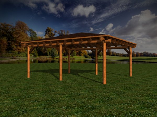 CPRB65 PKW Doppel - Carport aus Rundbohlen Pavillon 6x5m Innenmaß, H.2,3m mit Walmdach Gartenpavillon Carport Garage aus 20cm Baumstämmen Massivholz