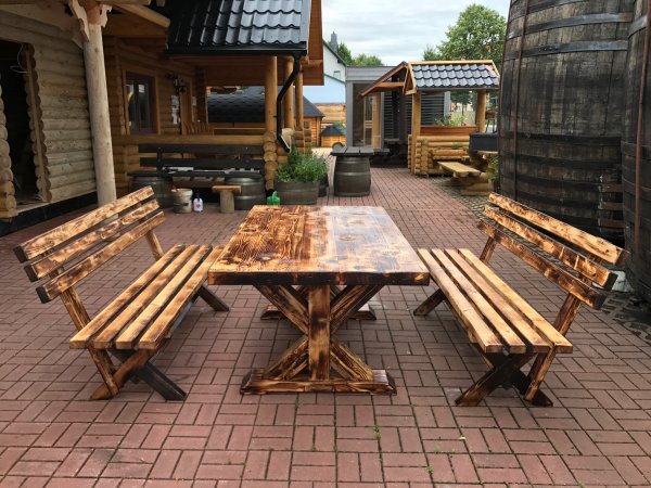 2 x 2m FACHWERK - Sitzbank mit Rückenlehne FWSB+RL-2M aus massiven ALT- & Neu-HOLZ FICHTE mit 2m Länge und 100cm Breite Höhe 77cm