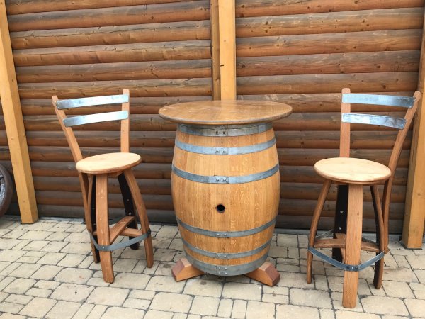 225L Fasstisch-Rustica & 2 Fass-Barhocker-BARDOLINO-RLR T-Platte D.80cm, H.110cm