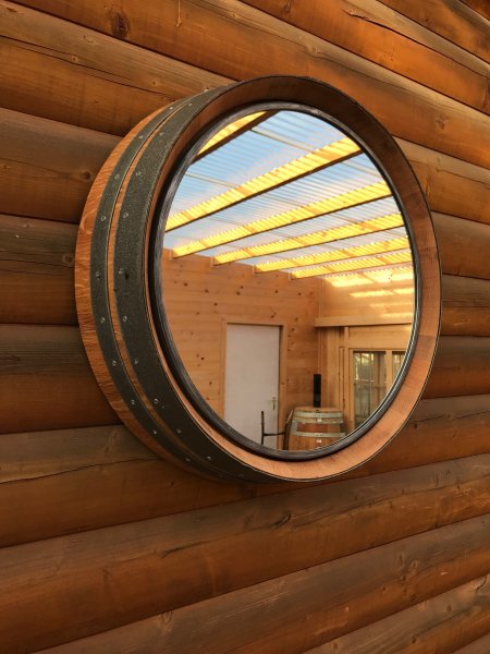 225L Fassfront - Spiegel - DELUXE mit Eisenrahmen D.56cm und 14cm Tiefe aus gebrauchtem Eichenfass