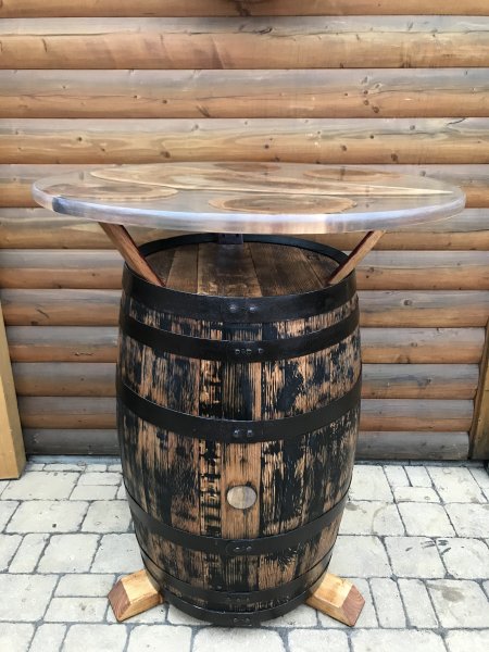 Einmaliges Einzelnstück 190 Liter Bourbon Whisky - Fasstisch mit D.100cm Kunst - Tischplatte Whiskyfass Eichenfass Sthetisch Bistrotisch Tisch