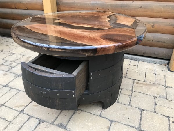 Fassbartisch-REGENT-WB mit EH-DELUXE -Tischplatte mit 80cm D. Höhe 42cm.+Schublade als Staufach