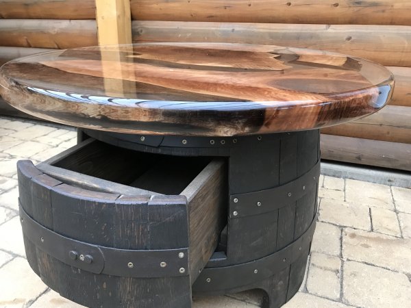 Fassbartisch-REGENT-WB mit EH-DELUXE -Tischplatte mit 80cm D. Höhe 42cm.+Schublade als Staufach