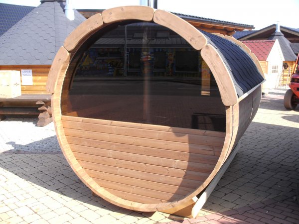SFF19301 Ø 1,9 m, L 3,0 m, Saunafass, fertig zusammengebaut aus Thermowood mit Halbglass - Panoramawand mit oder ohne 0,6mTerrasse für 6 Personen