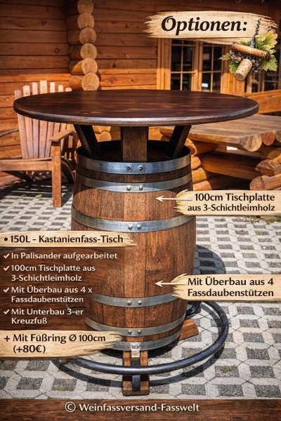 150L Fasstisch - KONFIGURATOR - mit Tischplatte D. 80-120cm, Höhe 110-115cm