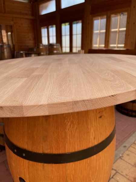 Eichenholzplatte keilgezinkt mit D.90cm Tischplatte und mit 27 mm Stärke Fasstischplatte Leimholzplatte