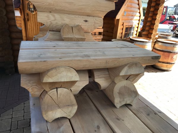 2m Sitzgarnitur 2M-24RBSG aus 24cm Rundbohlen massiv 2 x Bänke ohne Rückenlehnen + 1 Tisch alle Teile mit Länge je 2m.