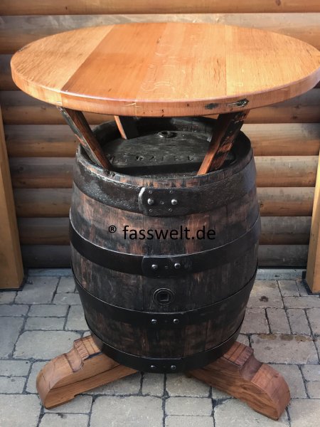 Einmaliges Einzelnstück massiver Bierfasstisch-Rustika Tischplatte D.83cm, Gesamthöhe 110cm