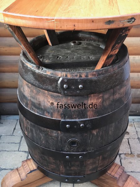 Einmaliges Einzelnstück massiver Bierfasstisch-Rustika Tischplatte D.83cm, Gesamthöhe 110cm