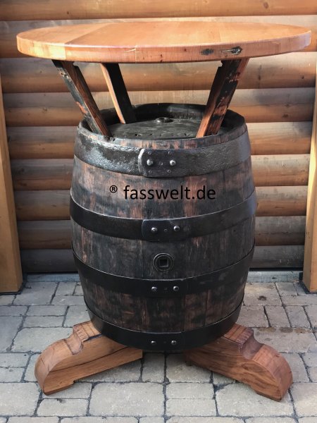 Einmaliges Einzelnstück massiver Bierfasstisch-Rustika Tischplatte D.83cm, Gesamthöhe 110cm