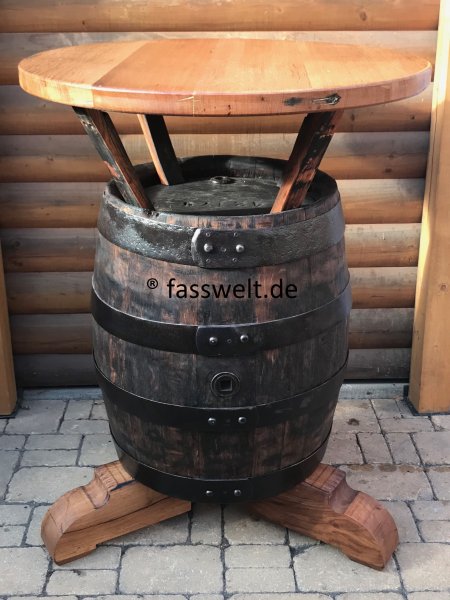 Einmaliges Einzelnstück massiver Bierfasstisch-Rustika Tischplatte D.83cm, Gesamthöhe 110cm