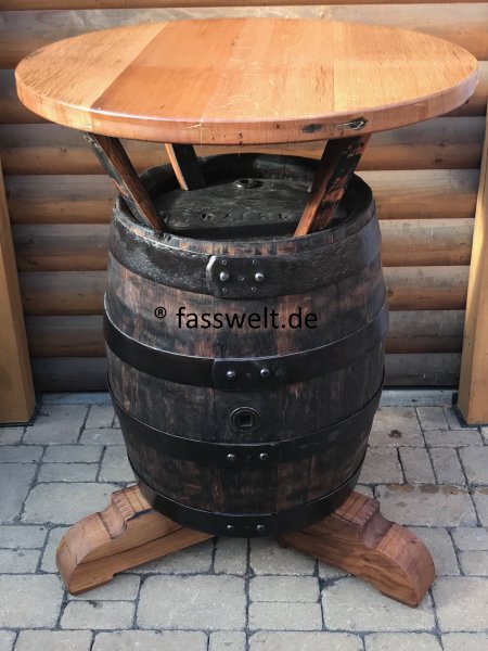 Einmaliges Einzelnstück massiver Bierfasstisch-Rustika Tischplatte D.83cm, Gesamthöhe 110cm