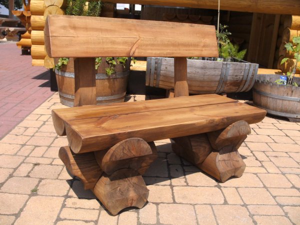 2m 2M-RBSB-RL-HRB Sitzbank mit Rückenlehne aus Halbrundbohle, alle Teile aus massiven Rundbohlen mit 20cm Durchmesser mit 2m Länge