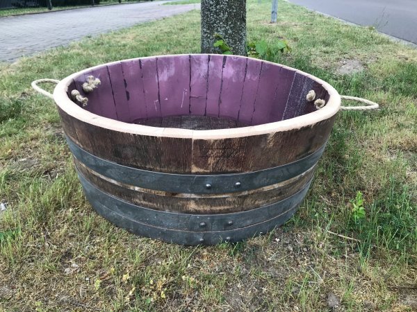 65 L Miniteich Pflantkübel dunkles Eichenholz Pflanzenschale Regentonne aus gebrauchtem Barrique Eichenfass, H.25,D.65cm